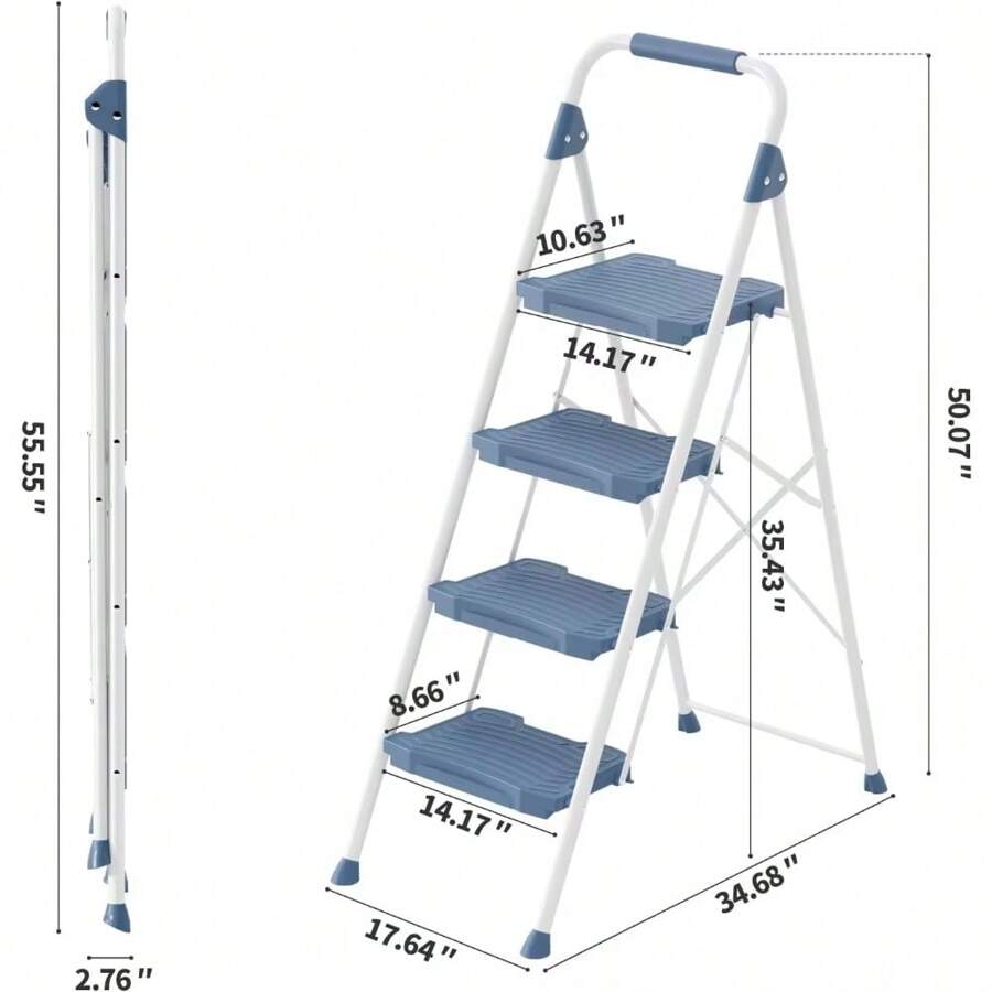 Step Stool For 4 Step, Handrail, Anti-Slip Wide Pedals, Foldable Step ...