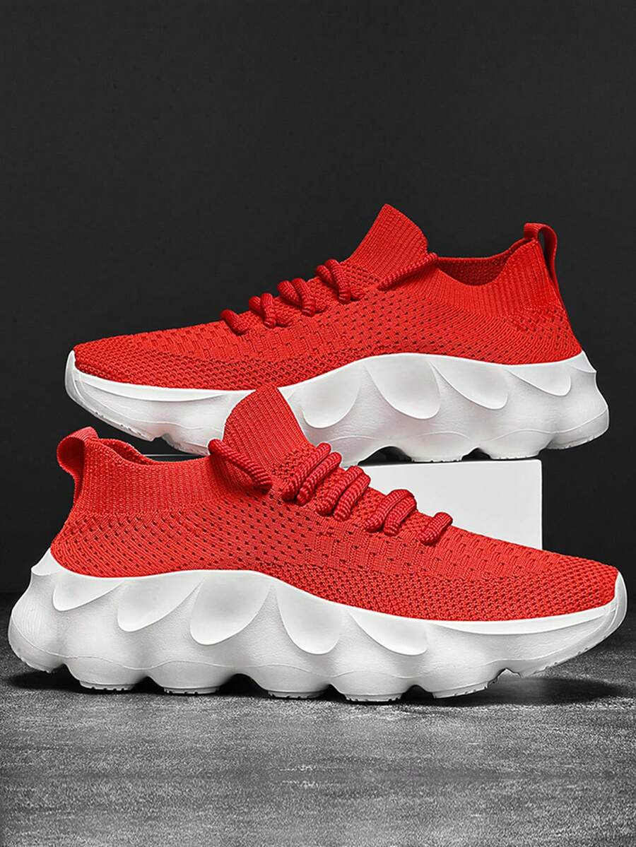 男士透气网眼高帮休闲时尚运动鞋，时尚厚底运动鞋，白色运动鞋 - 紅色 - 查看 1
