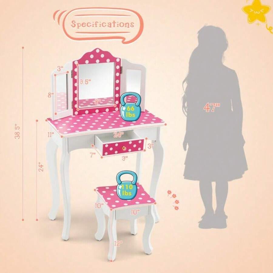 Kids Vanity Set With Mirror 2 In 1 Princess Dressing Vanity Table