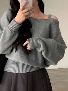 Women's Autumn/Winter Korean Chic Asymmetric Neck Batwing Sleeve Loose Knit Sweater Spring - Grey - View 5