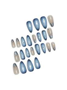24 piezas de uñas postizas de forma de almendra media azul francés con rayas plateadas 3D, adecuadas para todas las mujeres para uso diario