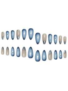 24 piezas de uñas postizas de forma de almendra media azul francés con rayas plateadas 3D, adecuadas para todas las mujeres para uso diario