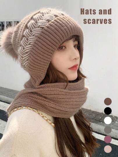 1 Pc Winter Thickened Warm Two-Piece Set (Knitted Hat And Knitted Scarf)