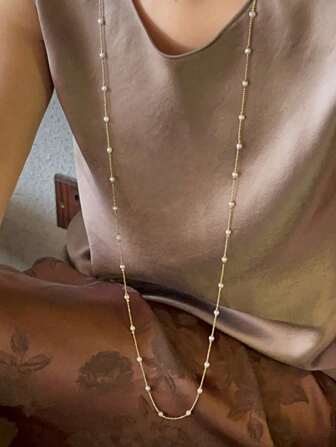 1 st guld rostfritt stål 18K pläterad kedja med fuskpärlhalsband, elegant och lyxig stil för dagligt bruk