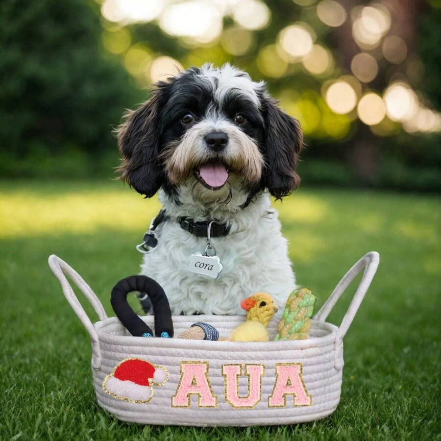 Personalized Dog Treat Basket With Customized Dog Name, Pet Christmas