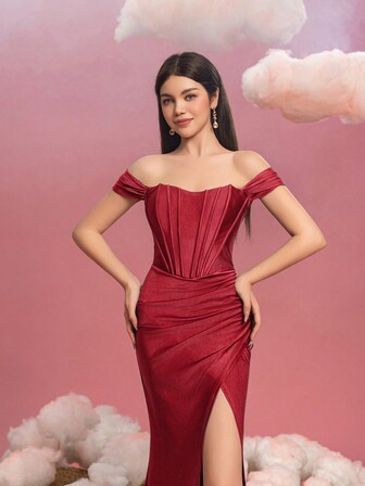 Tonårsflicka Elegant Off-The-Shoulder Sjöjungfru Examensbaler med Hög Slits & Skulpterad Överdel - Hög Formell Klänning