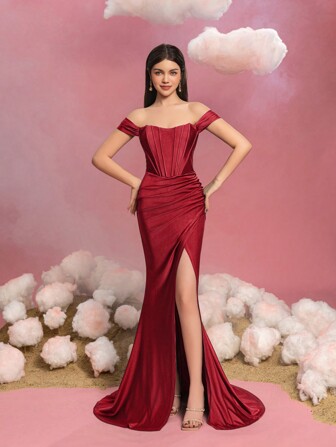 少女优雅露肩美人鱼毕业舞会礼服，高开衩设计，修身胸衣 - 正式礼服