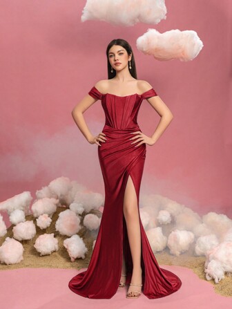 Tonårsflicka Elegant Off-The-Shoulder Sjöjungfru Examensbaler med Hög Slits & Skulpterad Överdel - Hög Formell Klänning