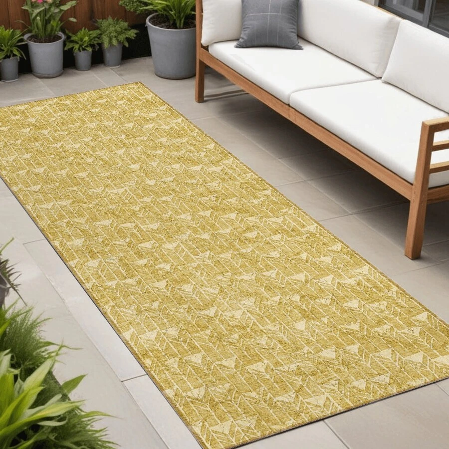 8' Runner Gold Geometric Washable Non Skid Indoor Outdoor Runner Rug