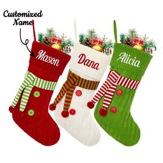 1PC Personalized Christmas Stocking,Custom Stockings With Embroidered Name, 18" Large Knitted Scarf Xmas Stocking,Holiday Family Stocking, Fireplace Christmas Party Decoration