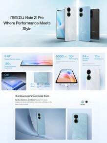 Meizu Note 21 Pro 8GB 256GB Wersja UE 6,78"FHD+120HZ Procesor MTK-G99 Aparat 64MP+przód 13MP Bateria 5000mAh Ładowanie 30W System Android 14