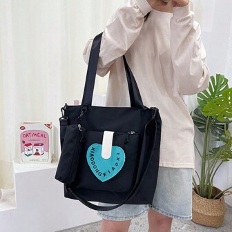 黑色帆布包女新款学生单肩包大容量手提包斜跨包作业补习包托特包轻便辅导包简约休闲带笔袋高档通勤