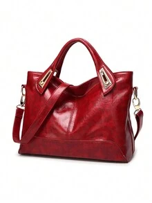 复古时尚大容量手提包，简约百搭可拆卸肩带斜挎包，适合旅行、购物、通勤/工作/办公室日常使用 - 酒紅色 - 查看 3