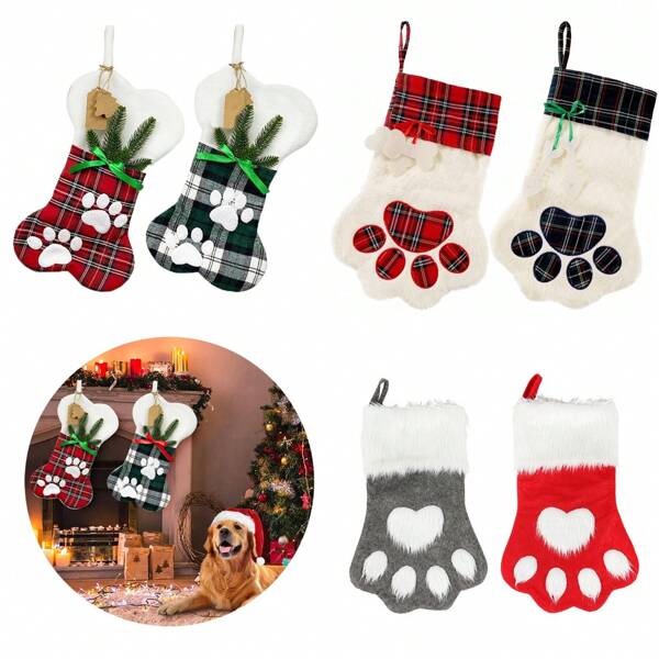 1pc Christmas Stocking, Family Decoration Gift, Santa Claus Holiday Socks, Pet Dog Paw Print Christmas Socks, Christmas Gift, Perfect Gift For Loved Ones, Christmas Tree Decoration, Pet Gift Bags Pet Plush Gift Socks Atmosphere Decoration Fireplace Hanging Socks Family Festival Dog And Cat Bone Shape Socks Paw Shape Socks