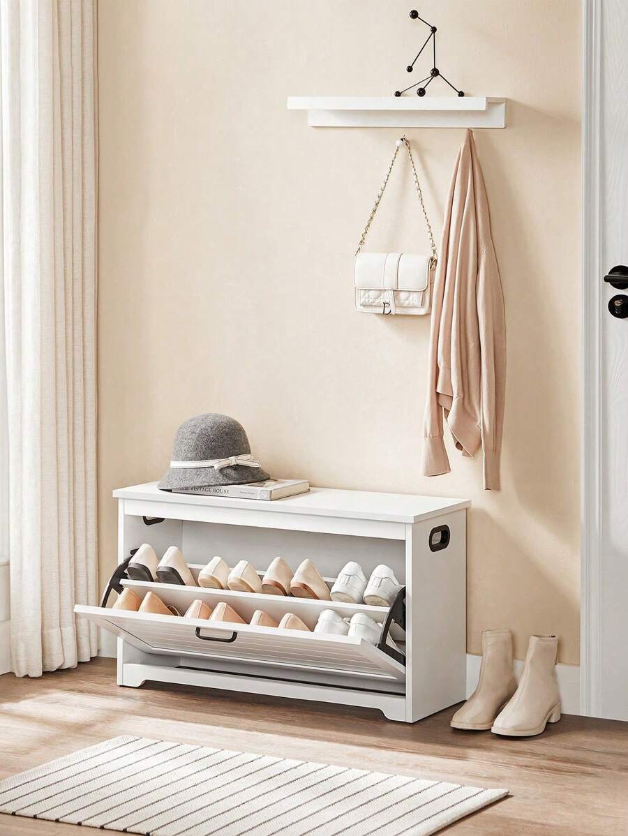 VASAGLE Banco de Zapatos, Zapatero de Entrada con Puerta Plegable, Divisor Interior Ajustable, con Asas Laterales Recortadas, 80 x 30 x 46 cm, Blanco - Blanco - Ver 1