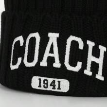 Coach 女士简约无檐小便帽 刺绣帽子 女士冬季保暖针织帽，黑色/白色 - 黑色 - 查看 4