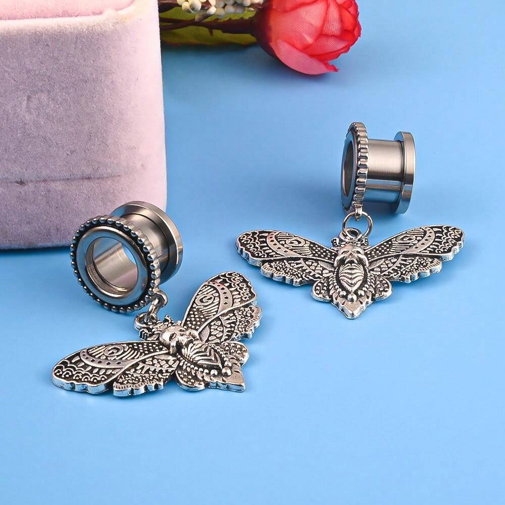 2 Pieces Stainless Steel Butterfly Pendant Dangle Ear Plugs Tunnels