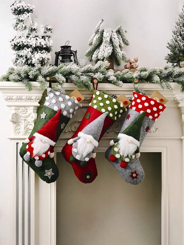 1 Pieza Calcetín de Navidad para regalo, Calcetín de Navidad con lana de cordero de viejo hombre del bosque, Muñeca sin rostro bolsa de caramelos, Decoración ambiental para fiesta navideña, Suministros de decoración navideña para el hogar