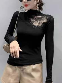 Rollkragen Basisshirt für Damen, Herbst/Winter 2024 Neu Sexy Cut Out Fleece T-Shirt, eng anliegende langärmlige Top Lage,