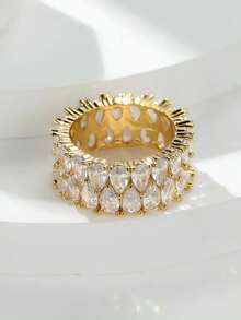 Nhẫn đính hôn bằng đá Cubic Zirconia hình giọt nước pha lê trắng sang trọng dành cho nữ Trang sức cưới màu vàng vàng dễ thương dành cho phụ nữ - Vàng - Xem 13