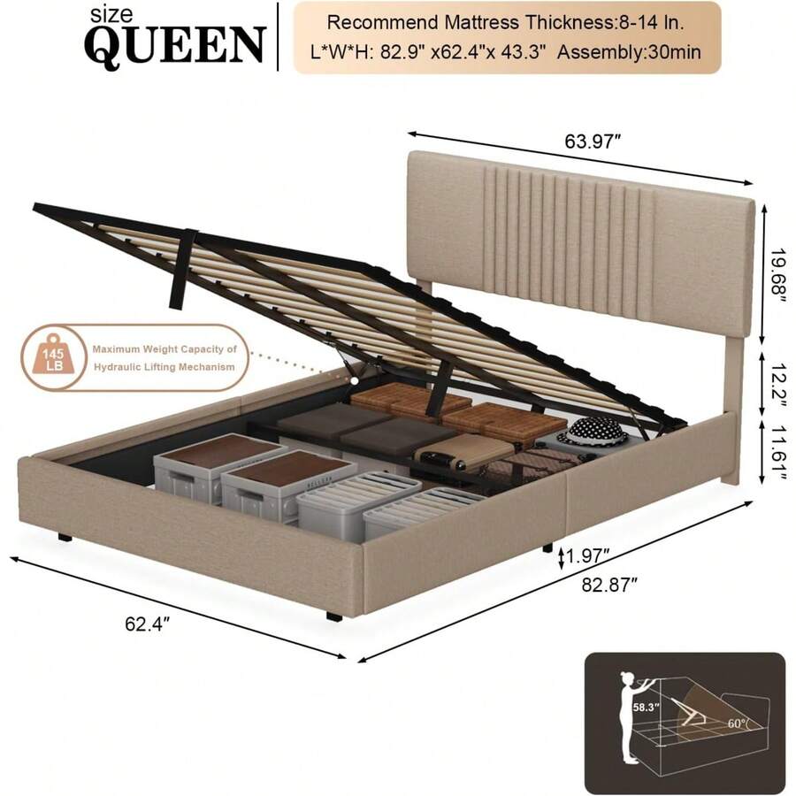 Queen Bed Frame, Lift Up Storage Bed Frame With Upholstered Headboard