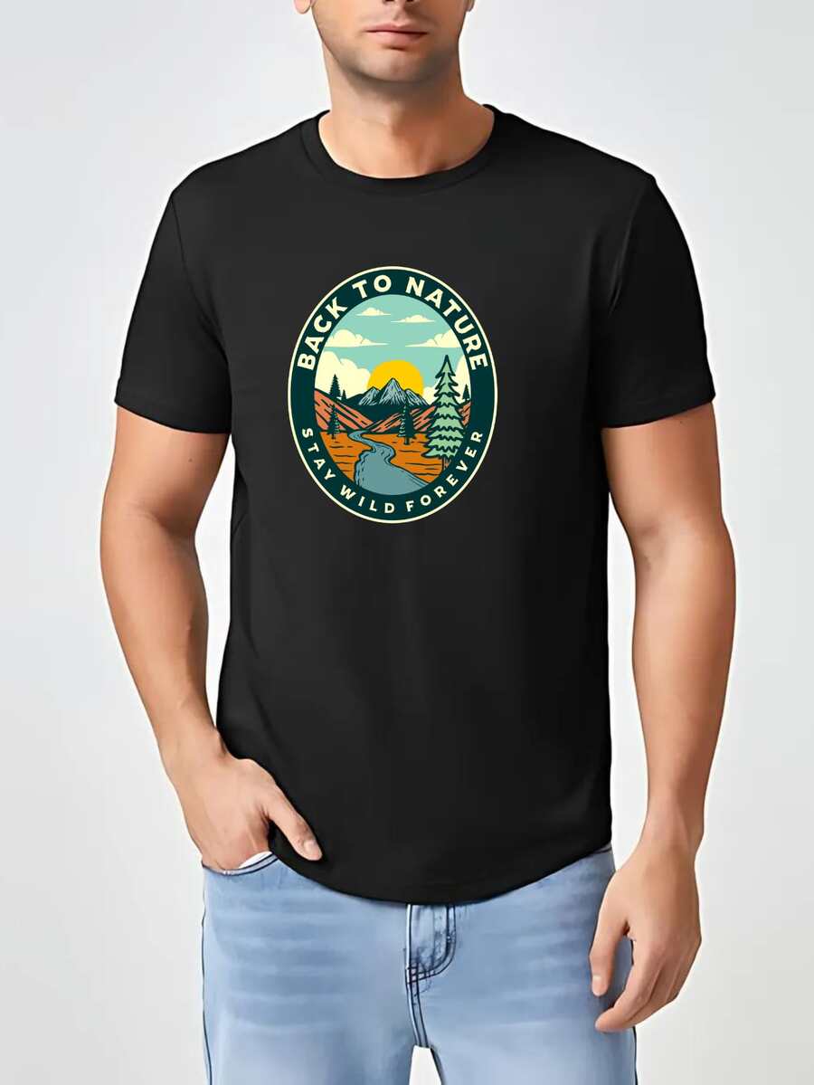 T-Shirt Men's Basic T-Shirt Back To Nature Print 100% Cotton Knit Short Sleeve Round Neck - màu đen - Xem 1
