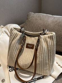 女士时尚灯芯绒手提包 - 宽敞时尚，配有固定肩带、拉链开合和涤纶衬里 - 有军绿色、卡其色、奶油色、黑色可供选择 - 彩色 - 查看 9