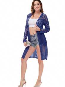 Women's Sparkly Sequin Cardigan Long Sleeve Open Front Glitter Kimono - Màu xanh hải quân - Xem 4