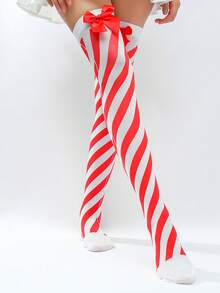 2 chiếc tất Giáng sinh, tất sọc cho người lớn, tất cao đến đầu gối có nơ đỏ và phụ kiện búi tóc - Nhiều màu - Xem 17