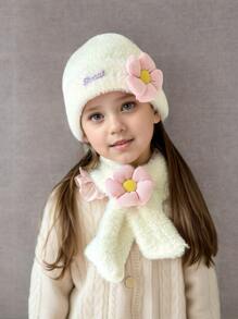 1 件女童针织花帽和围巾套装，冬季加保暖内衬，婴儿幼儿甜美英文字母和人造毛皮 2 件套 - 2PC - 查看 6