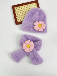 1 件女童针织花帽和围巾套装，冬季加保暖内衬，婴儿幼儿甜美英文字母和人造毛皮 2 件套 - 2PC - 查看 10