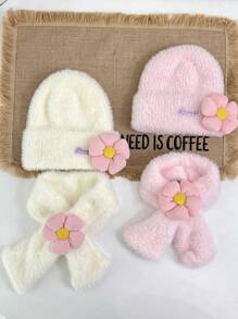 1 件女童针织花帽和围巾套装，冬季加保暖内衬，婴儿幼儿甜美英文字母和人造毛皮 2 件套 - 2PC - 查看 11