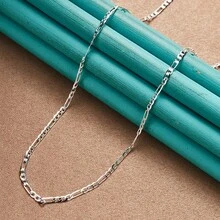 مجموعة سوار وقلادة من سلسلة مسطحة مطلية بالفضة عيار 925 بسمك 4 مم، موضة يمكن ارتداؤها من قبل الجنسين - هدية مثالية للنساء - فضي - مشاهدة 2