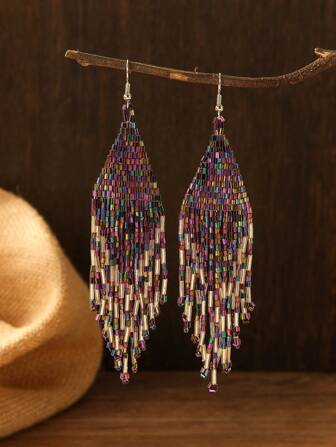 Handgjorda pärlörhänge, bohemisk vintagestil lila färgglad mångsidig tofs exklusiva partydrottningstil örhängen