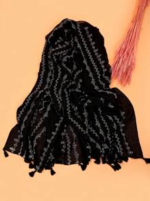 1 件女士休闲时尚雪花条纹印花流苏针织围巾，适合约会和外出搭配冬秋季 - A - 查看 12