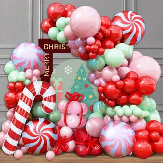 102 个圣诞气球拱门套件，粉色圣诞气球花环，粉色、红色、绿色气球配风车糖果棒铝箔气球，粉色气球适用于圣诞派对生日装饰用品