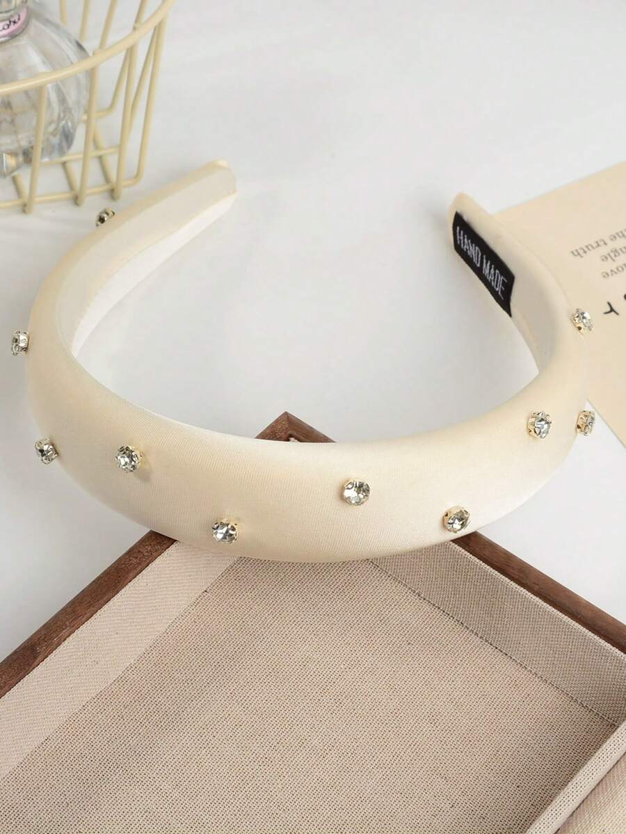 1 件优雅女士纯色缎面水晶装饰宽头带，适合日常佩戴 - 白色 - 查看 1