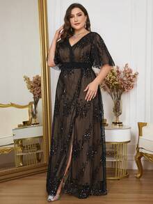 Elegant Plus Size Women's Long Black Mermaid Maxi Dress, V-Neck Ruffle Sleeve, Sequin Decor