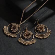 3 件套金色婚礼首饰套装女士复古古董雕刻心形吊坠耳环项链波西米亚花朵首饰 - 項鍊+耳環 - 查看 12