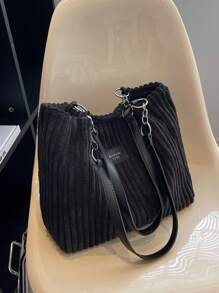 女士时尚灯芯绒手提包 - 宽敞时尚，配有固定肩带、拉链开合和涤纶衬里 - 有军绿色、卡其色、奶油色、黑色可供选择 - 彩色 - 查看 12