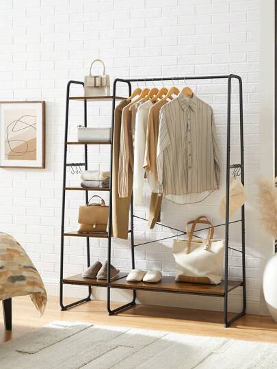 VASAGLE Burro Perchero, Perchero con Zapatero, 5 Estantes de Almacenamiento, 6 Ganchos Laterales, Dormitorio, Sala de Estar, Pasillo, Diseño Industrial, Marrón Rústico y Negro Mate