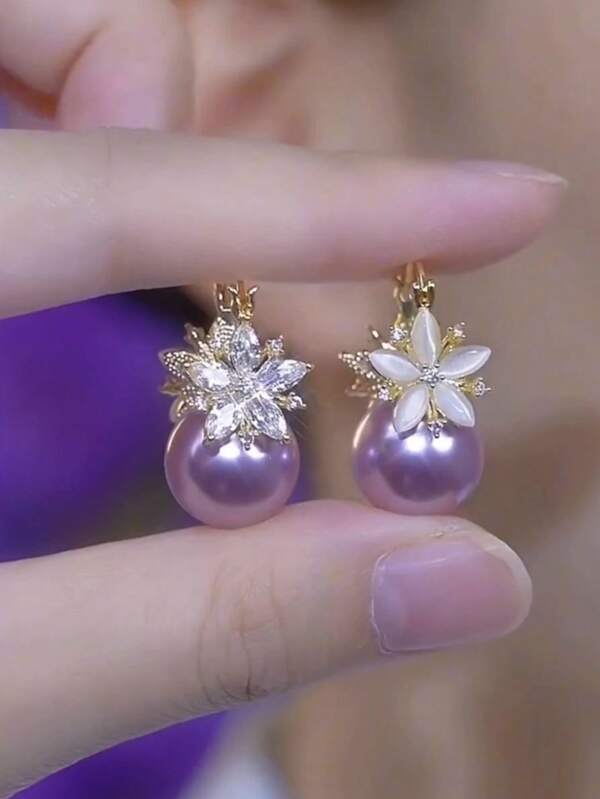 2pcs Elegant Luxurious Purple Pearl Flower Design Clip Earrings, Fashion Lightweight Luxury Earrings For Women, 2024 New Arrivals