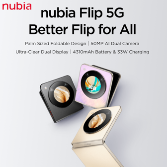 nubia Flip 5G Phone Sunshine Gold, 6.9" 120Hz AMOLED Display, 50MP AI Dual Camera, 4310mAh Battery, 33W Charging, Ultra-Clear Dual Dispaly, Pocket Foldable Design, Excellent Night Camera, Gesture And Smile Snap, Dual-Way Smart Unlock
