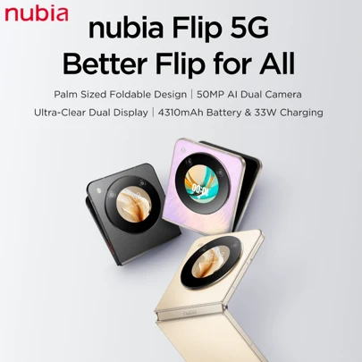 nubia 翻盖 5G 手机阳光金，6.9 英寸 120Hz AMOLED 显示屏，50MP AI 双摄像头，4310mAh 电池，33W 充电，超清晰双显示屏，口袋可折叠设计，出色的夜间相机，手势和微笑拍照，双向智能解锁