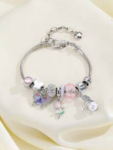 1 件甜美时尚水钻钥匙锁、彩色蝴蝶、郁金香花、钻石花、粉色大象心形吊坠手链，适合女士，极简主义日常佩戴珠宝 - 銀色 - 查看 4