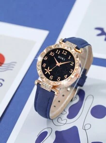6Pcs/Set Ladies Watch Ladies Fashionable Casual Quartz Watch And Minimalist & Fashionable Five Petals Flower Necklace Earrings Rings Bracelet Watch For Women Suitable For Daily Wear, Back-To-School Season, Graduation Season, Thanksgiving, Couples, The Best Gifts Watch Box Not Included