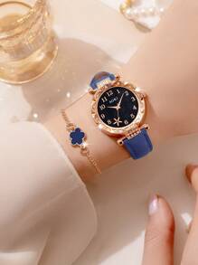 6Pcs/Set Ladies Watch Ladies Fashionable Casual Quartz Watch And Minimalist & Fashionable Five Petals Flower Necklace Earrings Rings Bracelet Watch For Women Suitable For Daily Wear, Back-To-School Season, Graduation Season, Thanksgiving, Couples, The Best Gifts Watch Box Not Included
