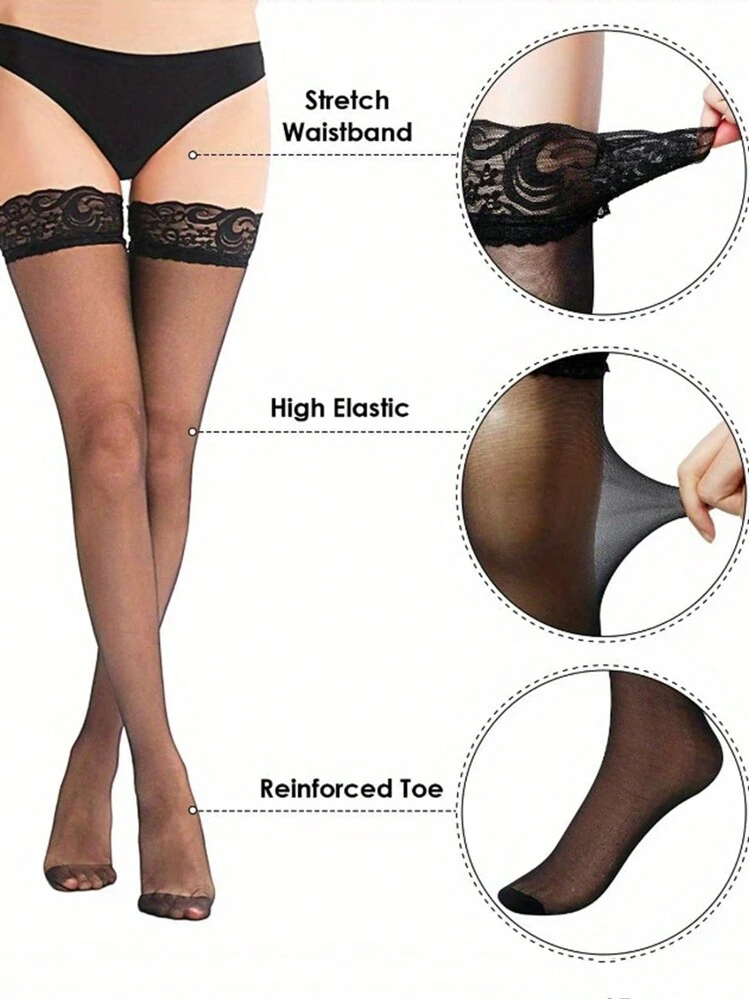 3 Pairs Sexy Lace Thigh High Stockings, Red, White, Black Combination Hosiery, Sensual Tights Suitable For Various Occasions Such As Nightclub, Nightlife, Dates, Performances, Honeymoon - Sexy Stockings And Pantyhose Lingerie - Multicolor - View 3