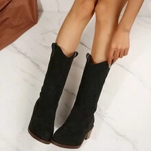 Giày bốt cổ ngắn hàng ngày cá nhân hóa cổ điển dành cho nữ, Giày bốt thời trang thanh lịch màu trơn, mũi nhọn, gót thấp, cao đến giữa bắp chân, chất liệu đen/nâu, giúp chân thon gọn, giày bốt duyên dáng cho mùa xuân thu đông - màu đen - Xem 2