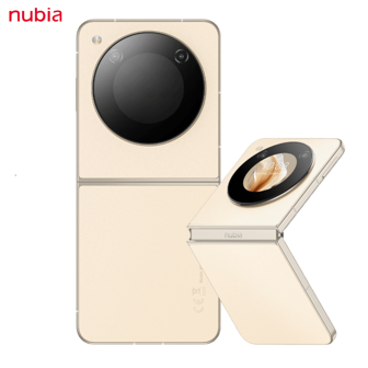 nubia 翻盖 5G 手机阳光金，6.9 英寸 120Hz AMOLED 显示屏，50MP AI 双摄像头，4310mAh 电池，33W 充电，超清晰双显示屏，口袋可折叠设计，出色的夜间相机，手势和微笑拍照，双向智能解锁